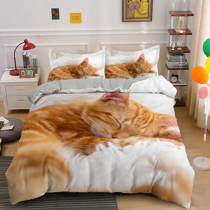 Cat Print Duvet Cover - Orange / US Twin 173x218cm