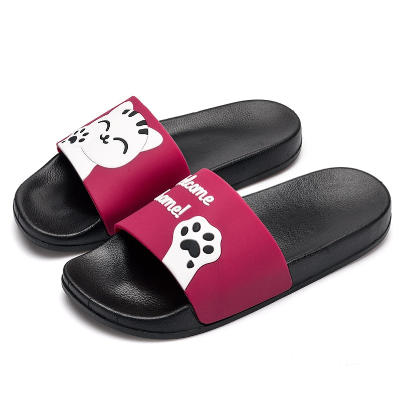 Cat Print Slippers - Wine Red / 5.5 - Cat slippers