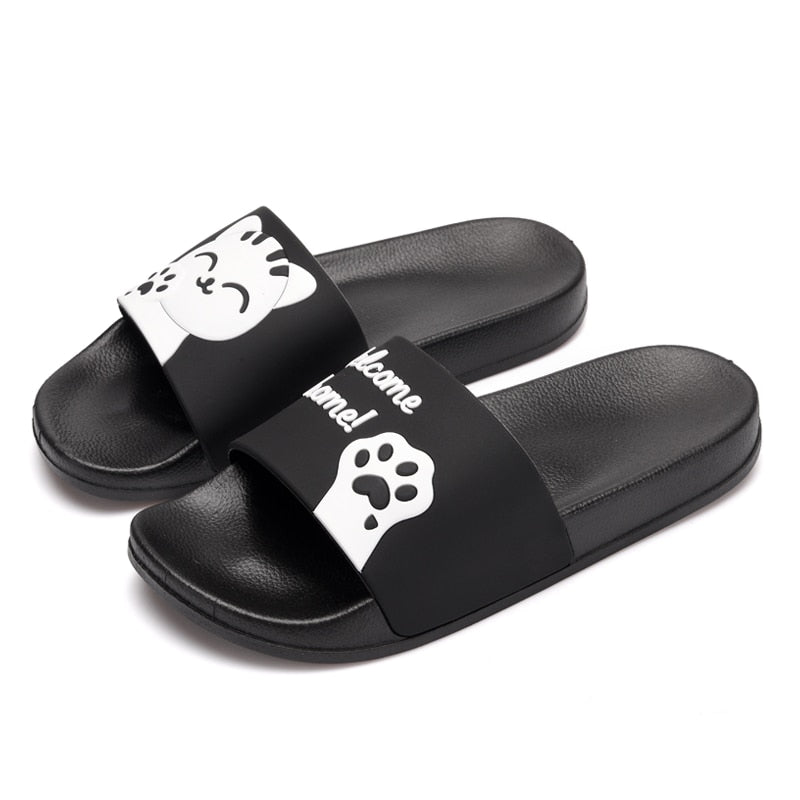 Cat Print Slippers - Black / 5.5 - Cat slippers