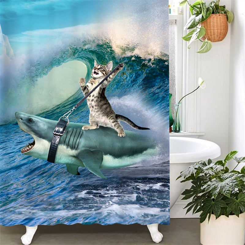 Cat Riding Shark Shower Curtain - Shark / W90xH180cm
