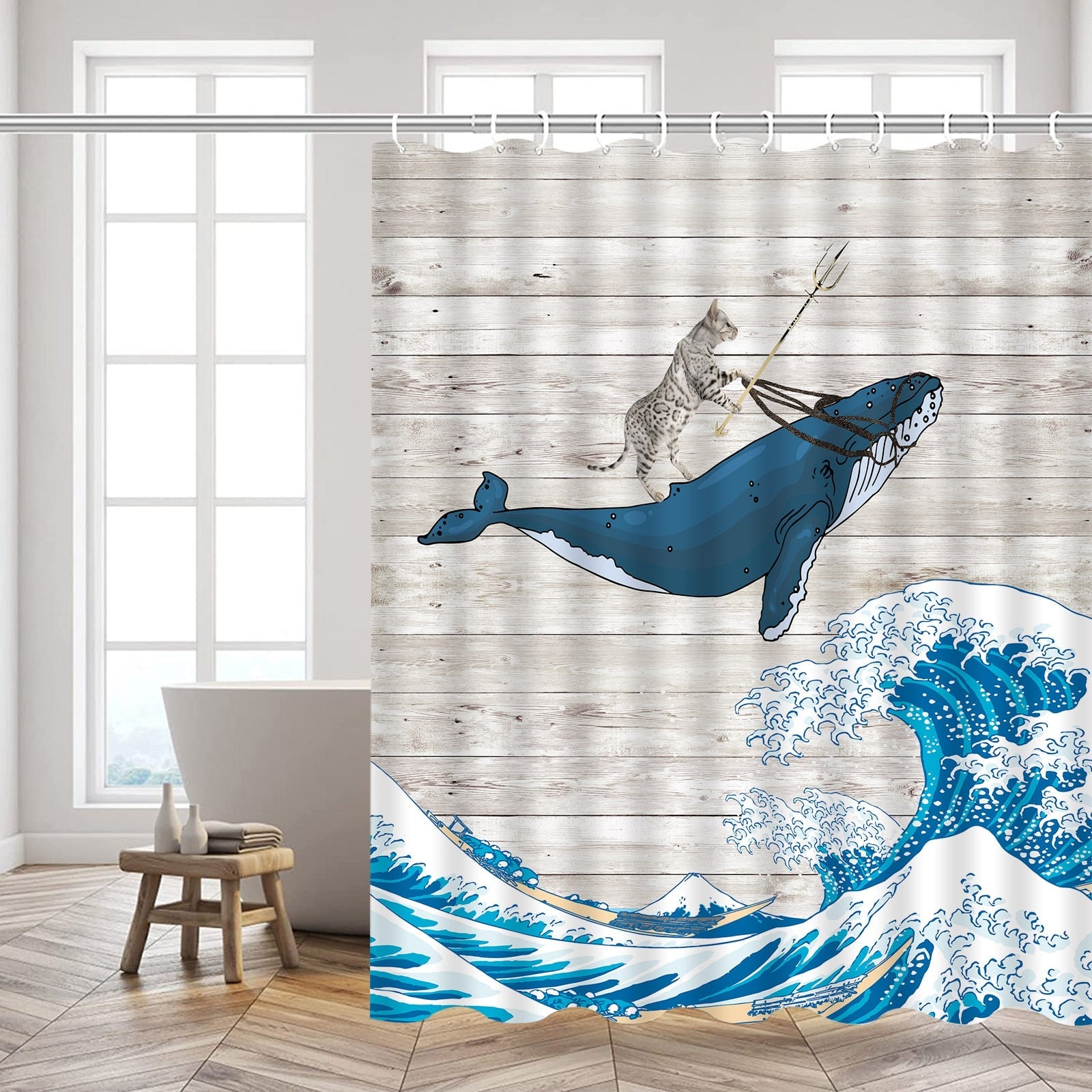 Cat Riding Whale Shower Curtain - Fire / 90x180cm-35x70inch