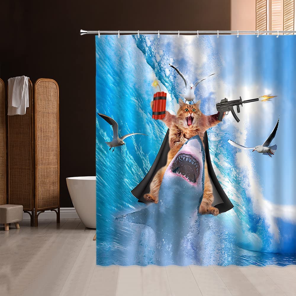 Cat Riding Whale Shower Curtain - Bomb / 90x180cm-35x70inch