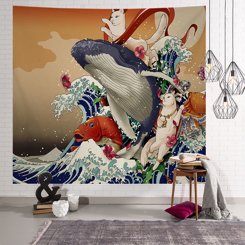 Cat Riding Whale Tapestry - 150cmx130cm - Cat Tapestry