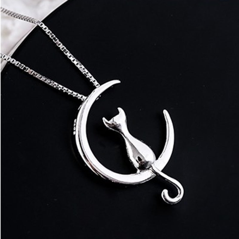 Cat Tail Moon Necklace - Silver - Cat necklace