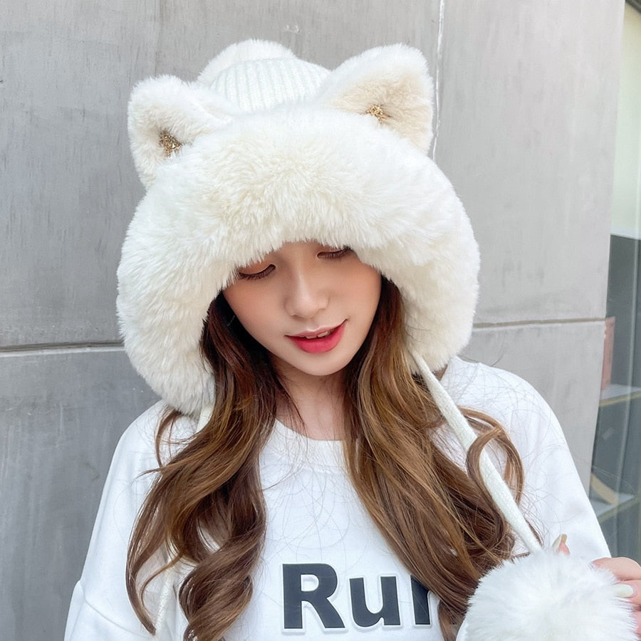 Cat Winter Hat - White / 55-59cm - Cat beanie