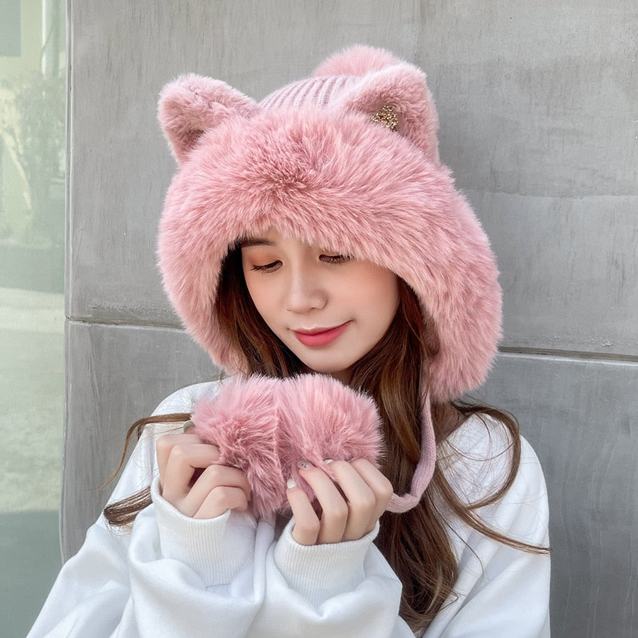 Cat Winter Hat - Pink / 55-59cm - Cat beanie