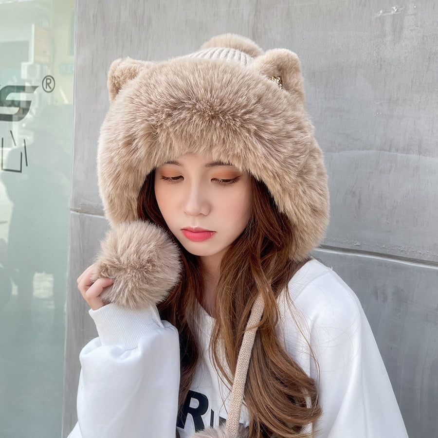 Cat Winter Hat - Khaki / 55-59cm - Cat beanie