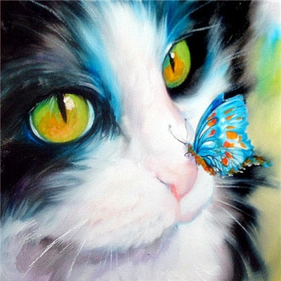 Cat with Butterfly Diamond Painting - Blue / Square Drill