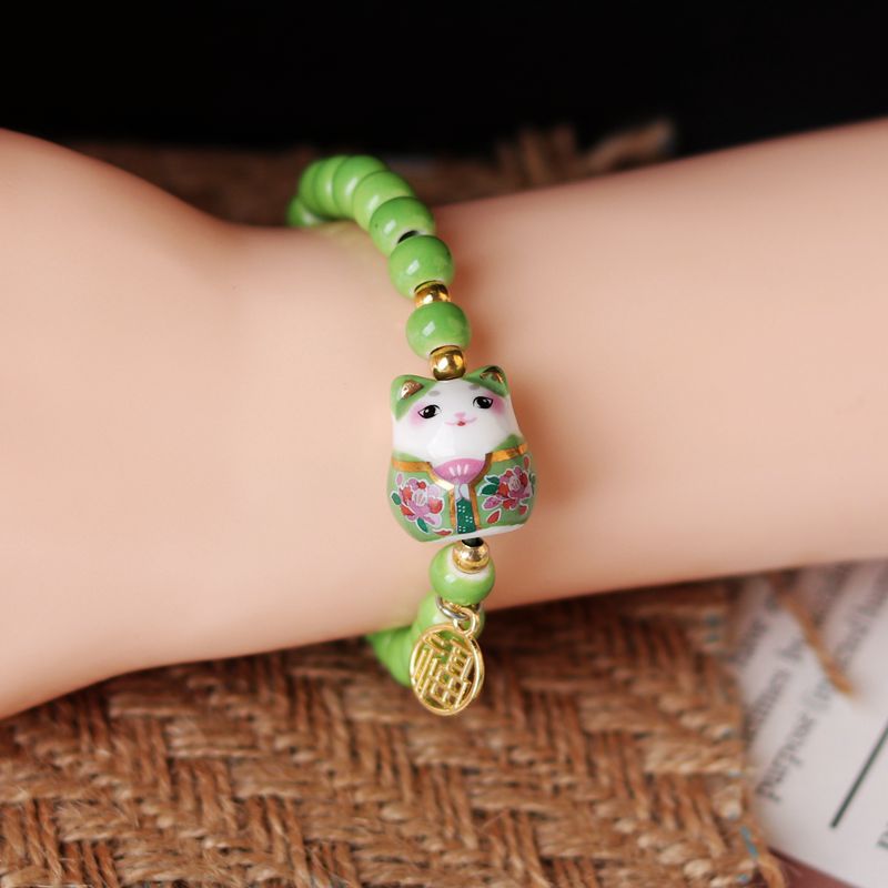 Chinese Lucky Cat Bracelet - Green - Cat bracelet