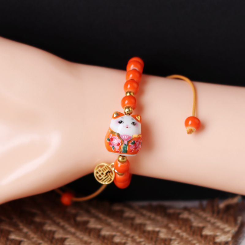 Chinese Lucky Cat Bracelet - Orange - Cat bracelet