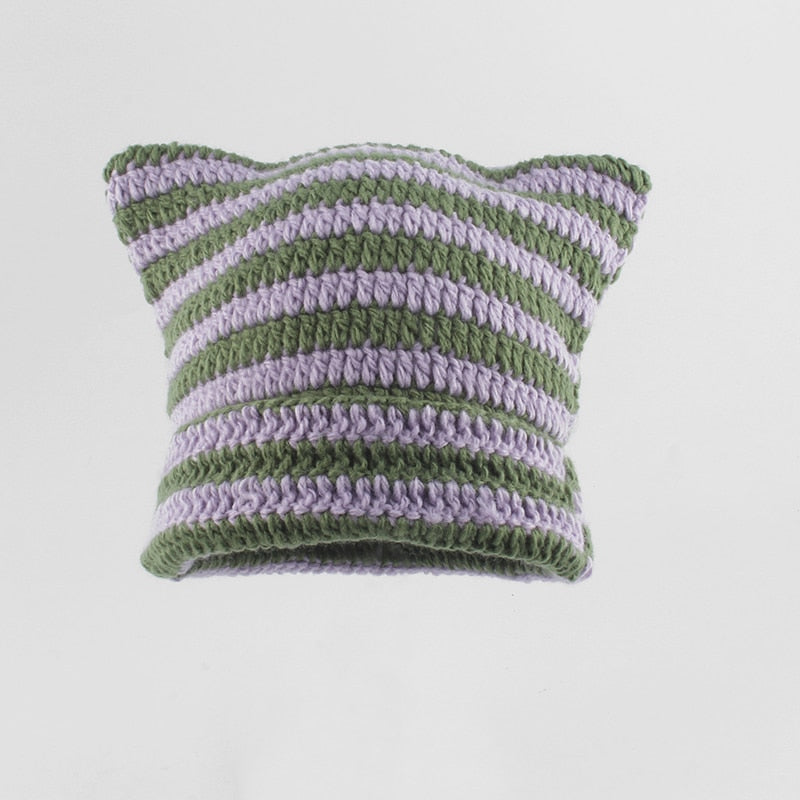 Crochet Beanie Cat Ears - Purplegreen handmad / 56-59cm -