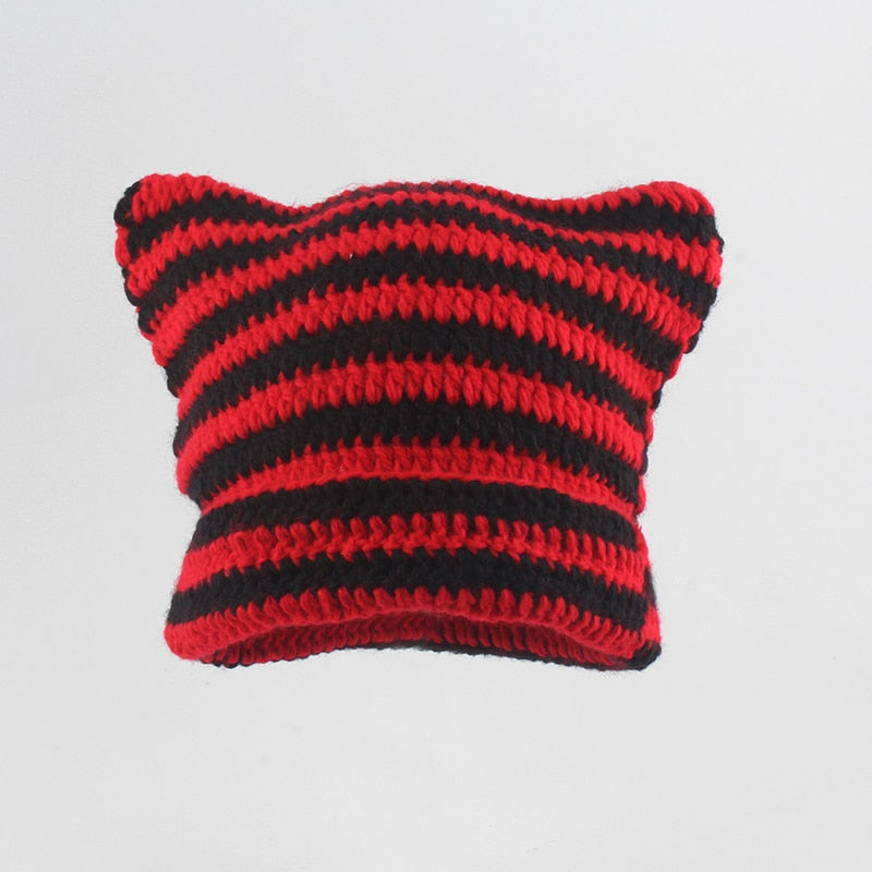 Crochet Beanie Cat Ears - Red and Black / 56-59cm - Cat
