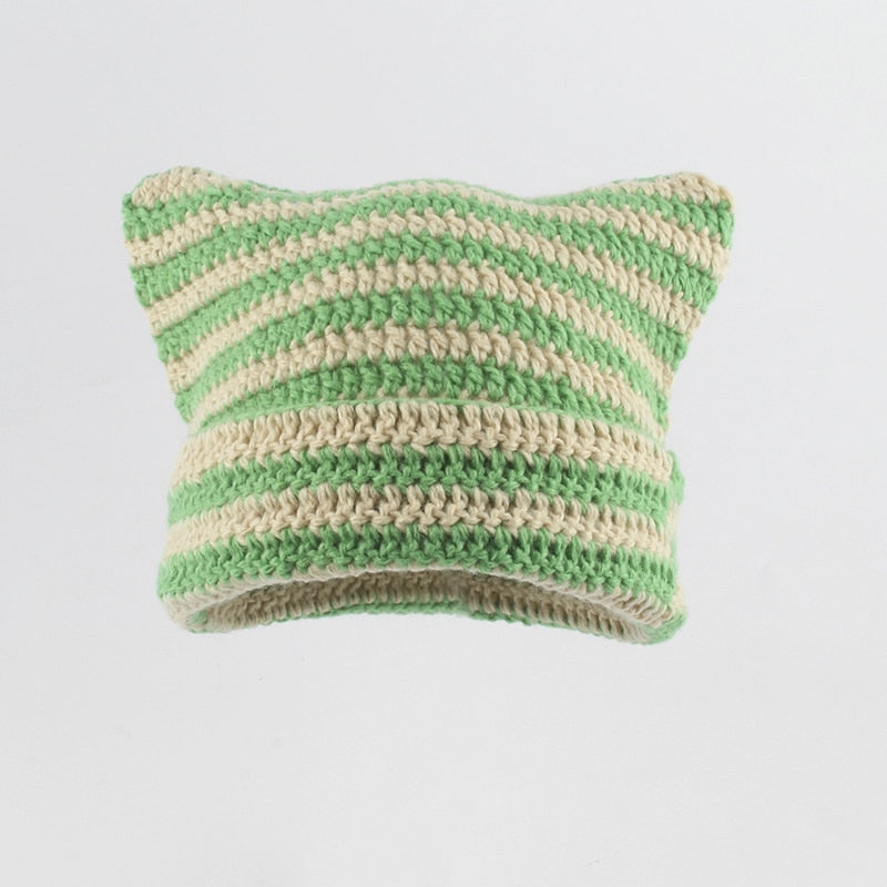 Crochet Beanie Cat Ears - Green and Beige / 56-59cm - Cat