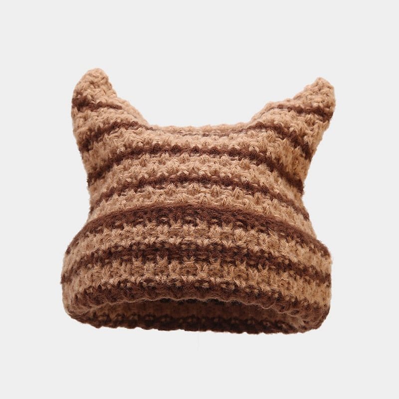 Crochet Beanie Cat Ears - Brown / 56-59cm - Cat beanie