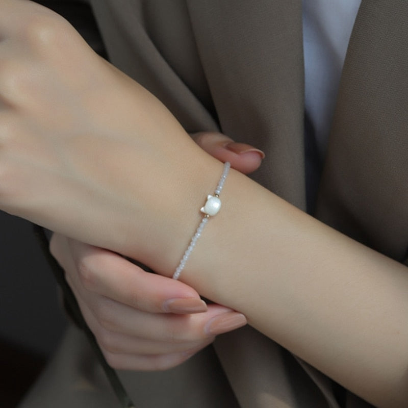 Crystal Beaded Cat Bracelet - White - Cat bracelet
