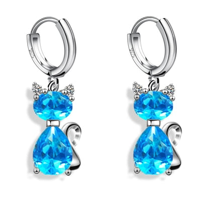 Crystal Cat Earrings - Blue - Cat earrings