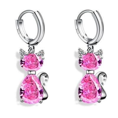 Crystal Cat Earrings - Pink - Cat earrings