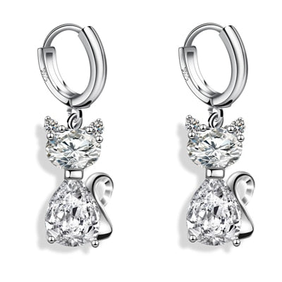 Crystal Cat Earrings - White - Cat earrings