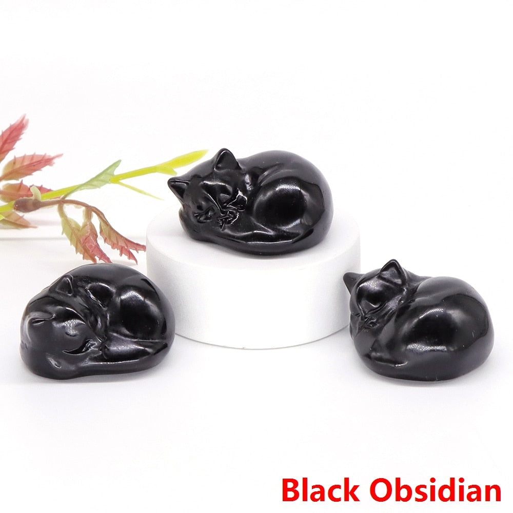 Crystal Cat Figurine - Black Obsidian / 1pc