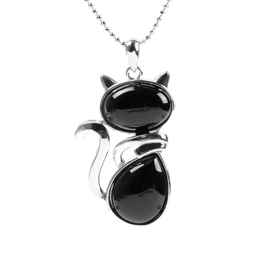 Crystal Cat Necklace - Black Agate - Cat necklace