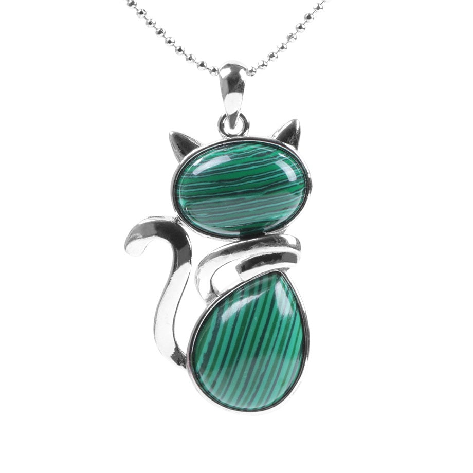 Crystal Cat Necklace - Malachite - Cat necklace