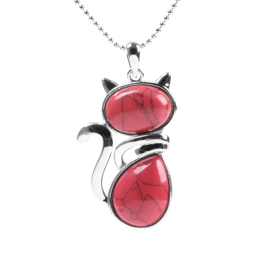 Crystal Cat Necklace - Red Turquoise - Cat necklace