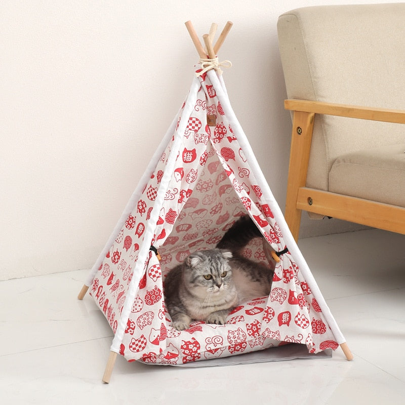 Cushioned Tent Cat Bed - Red / 48X48X46X32CM