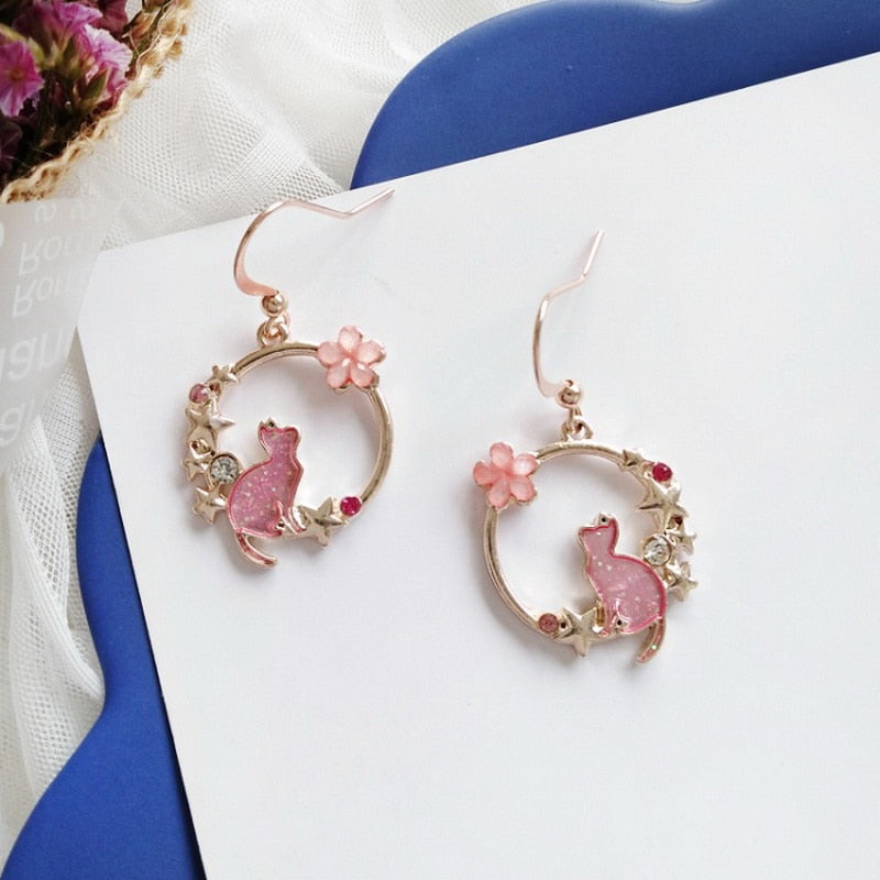 Cute Flower Cat Earrings - Pink - Cat earrings