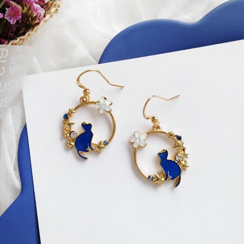 Cute Flower Cat Earrings - Blue - Cat earrings