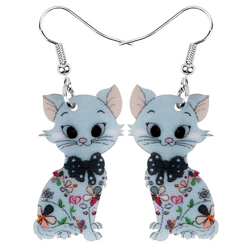 Dangle Drop Cat Earrings - Grey - Cat earrings