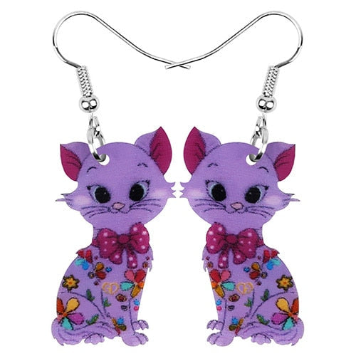 Dangle Drop Cat Earrings - Purple - Cat earrings