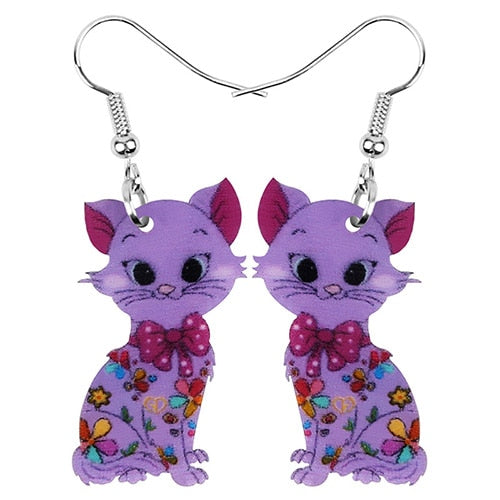 Dangle Drop Cat Earrings - Purple - Cat earrings