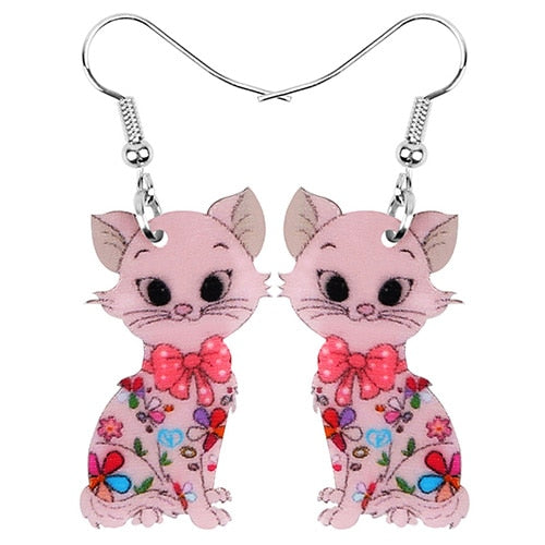 Dangle Drop Cat Earrings - Pink - Cat earrings