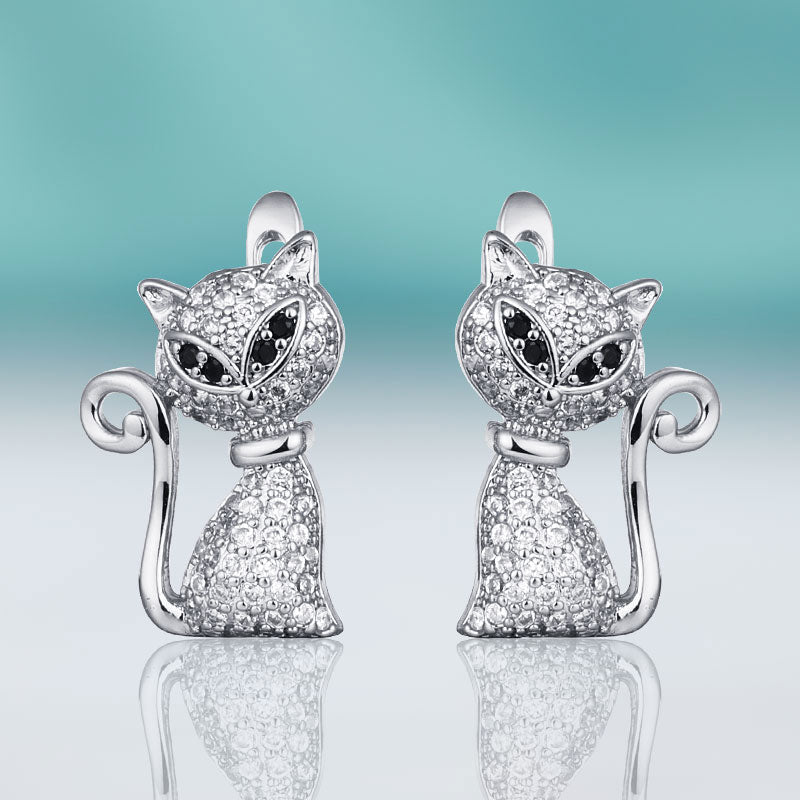 Dangling Cat Earrings - Silver - Cat earrings
