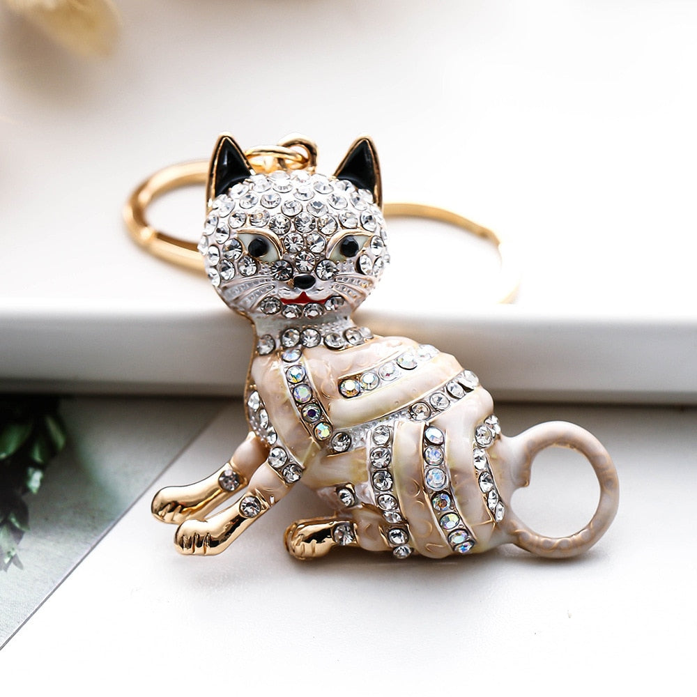 Diamond Cat Keychain - Beige - Cat Keychains