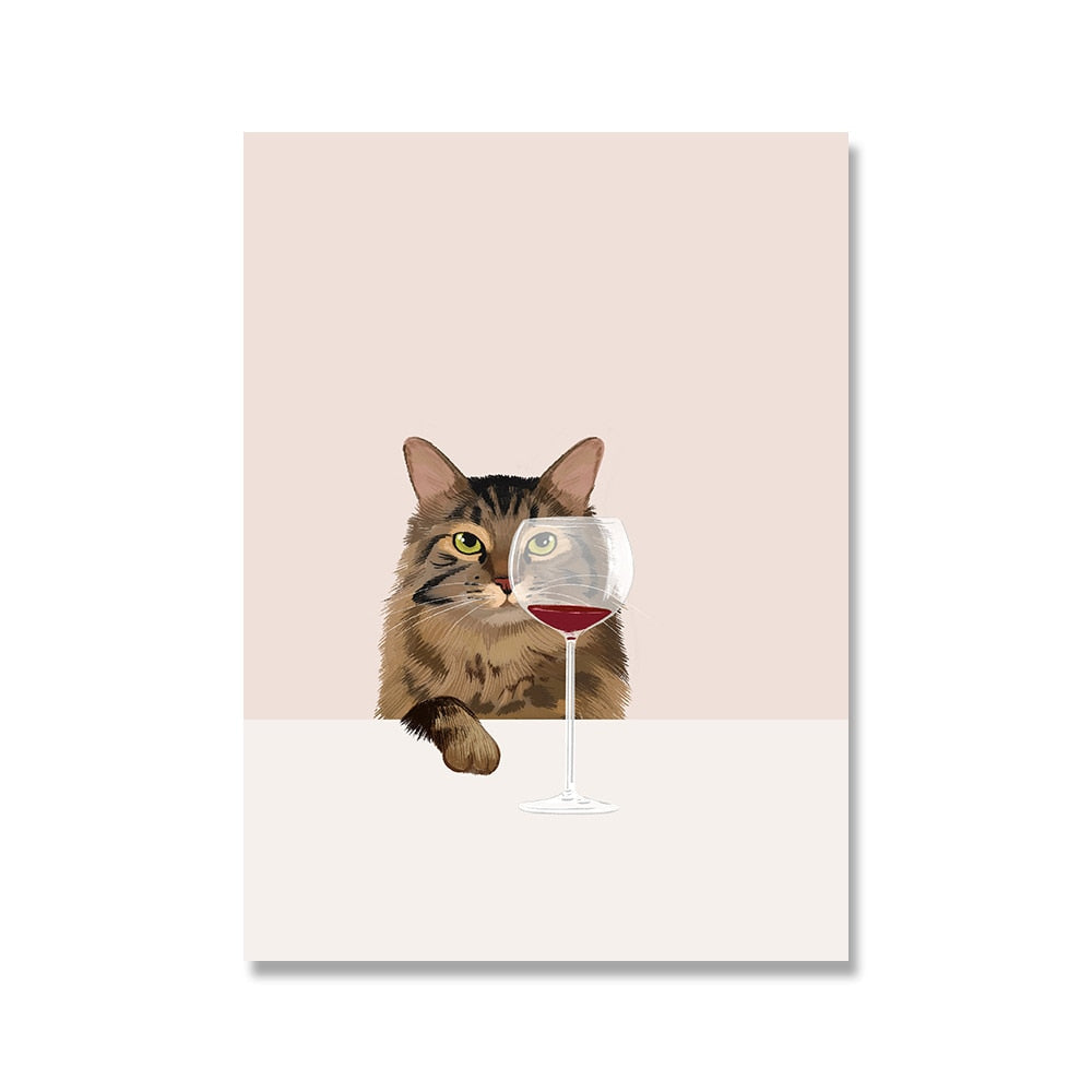 Drinking Wine Cat Poster - 13x18cm no frame / Black Brown /