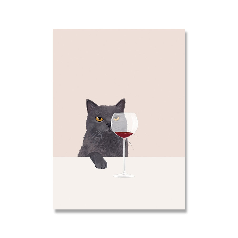 Drinking Wine Cat Poster - 13x18cm no frame / Grey / China -