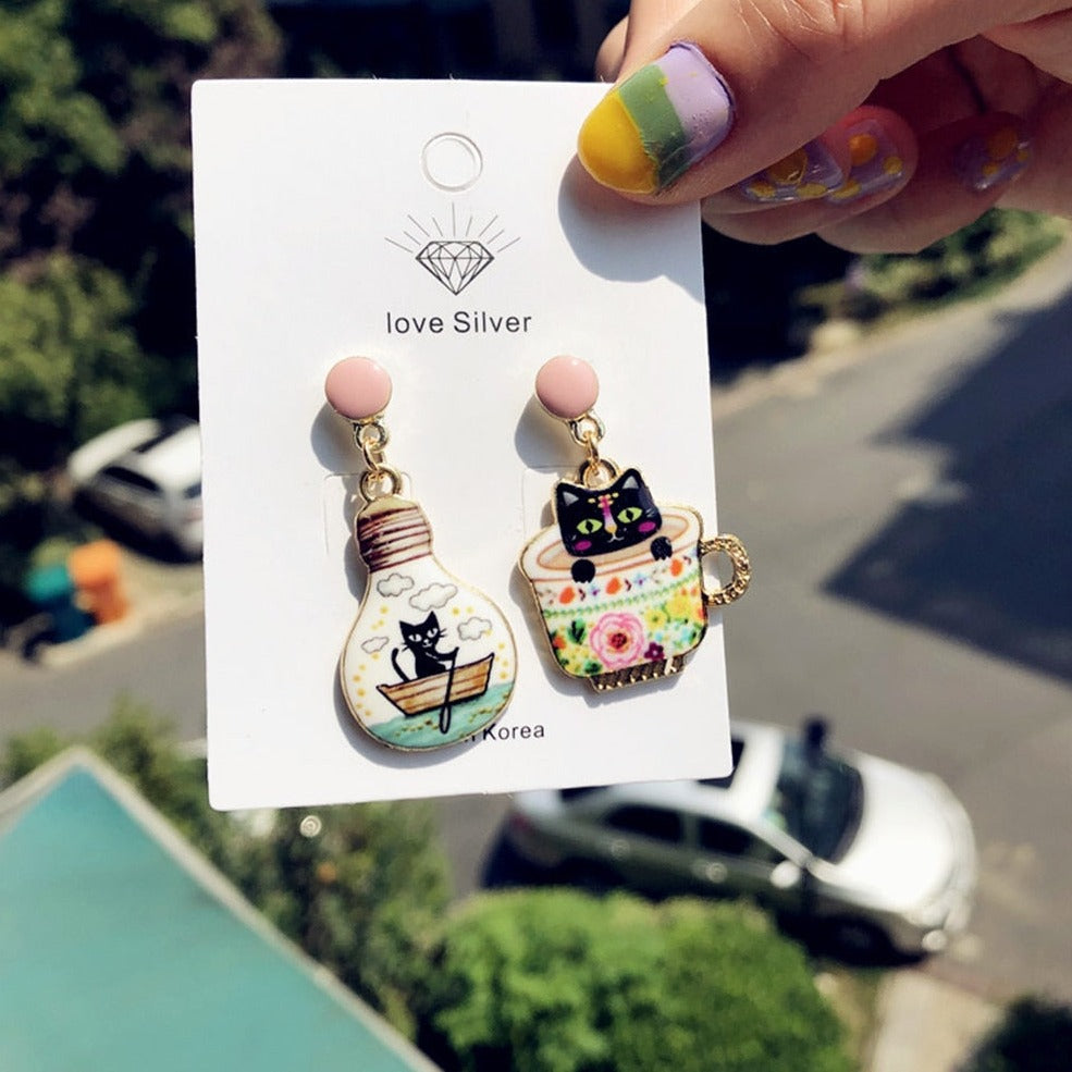 Enamel Cat Earrings - White - Cat earrings
