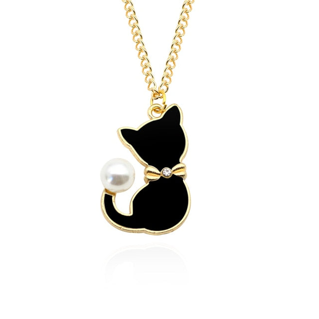 Enamel Cat Necklace - Black - Cat necklace