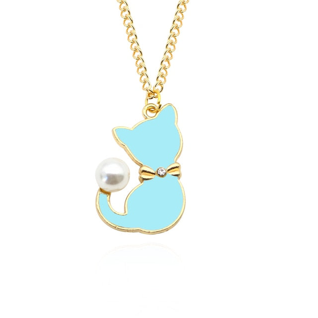Enamel Cat Necklace - Blue - Cat necklace