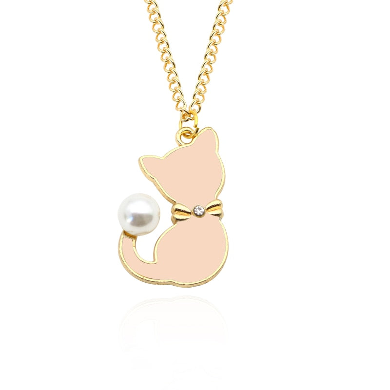 Enamel Cat Necklace - Pink - Cat necklace