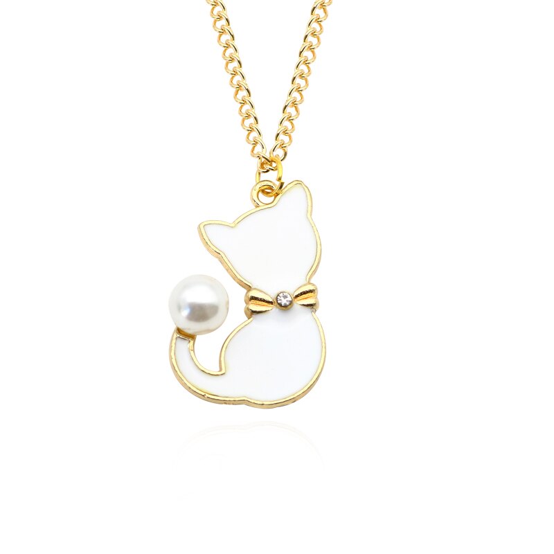 Enamel Cat Necklace - White - Cat necklace