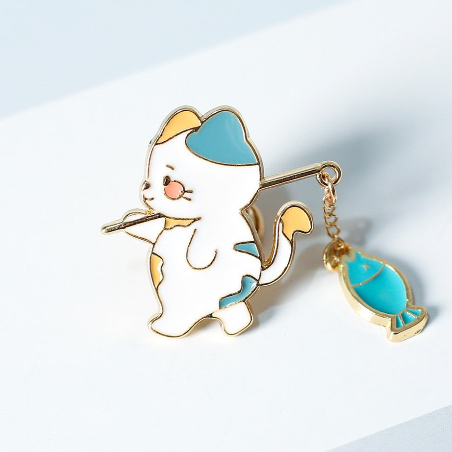Fishing cat Pin - Multicolor cat & Blue Fish