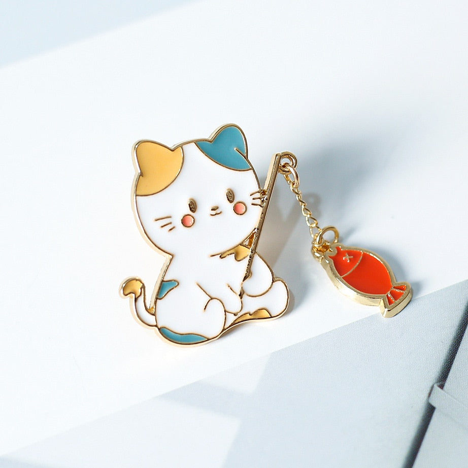 Fishing cat Pin - Multicolor cat & Red Fish