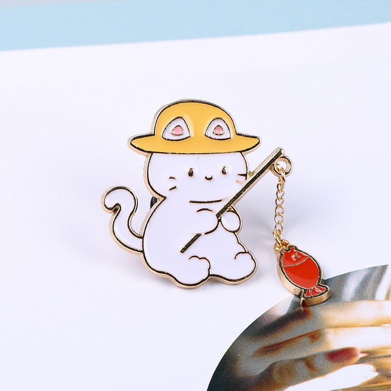 Fishing cat Pin - Cat With hat & Red Fish