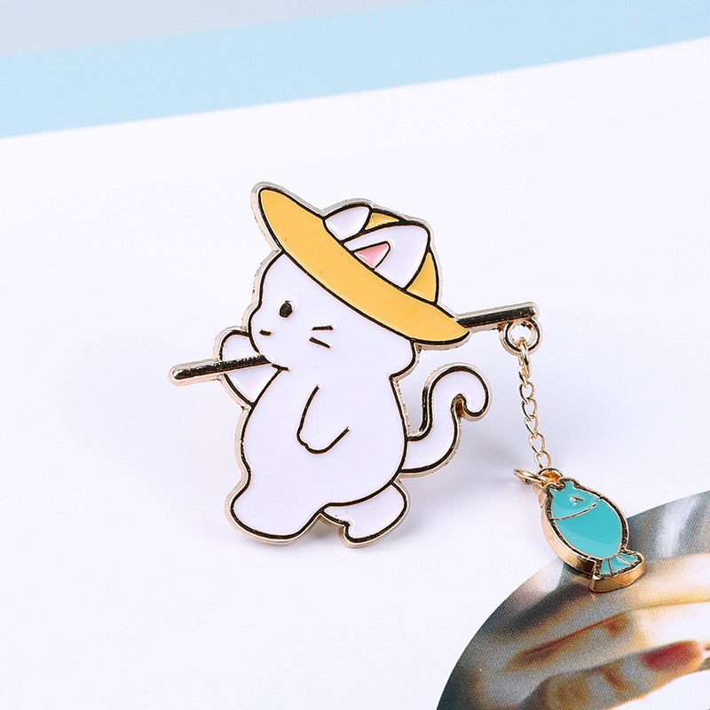 Fishing cat Pin - Cat With hat & Blue Fish