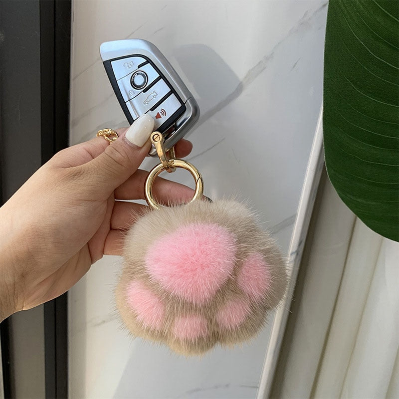 Fluffy Cat Paw Keychain - Khaki - Cat Keychains