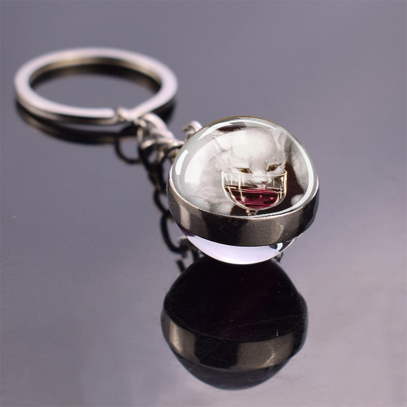 Glass Ball Cat Keychain - White - Cat Keychains