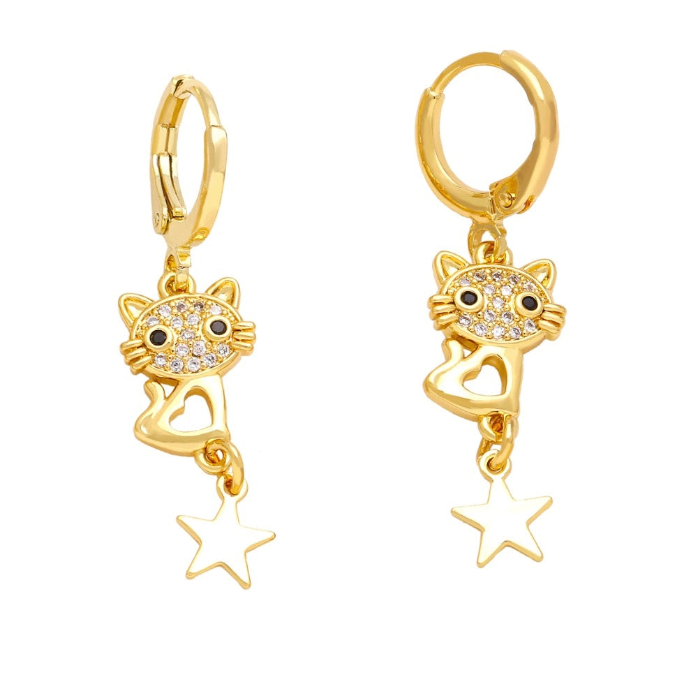 Gold Cat Earrings - Gold-Black - Cat earrings
