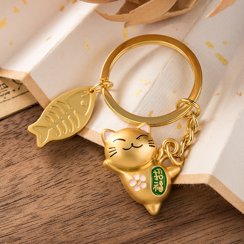 Gold Lucky Cat Keychain - Cat Keychains